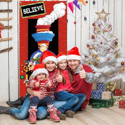 Christmas Express Train Door Cover Decoration Christmas Believe Front Hanging Banner Xmas Holiday Train Door Cover Sign for Home Wall Indoor Outdoor Party