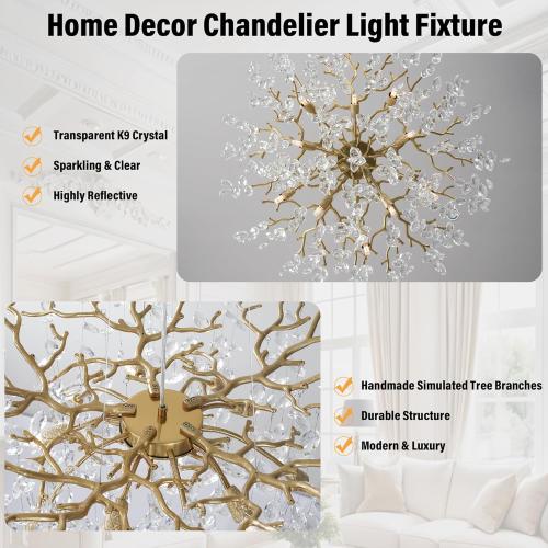 YUYI 23.6 Modern Gold Tree Branch Crystal Chandelier, 8-Light Round Raindrop Pendant Lighting for Dining Room Living Room Bedroom Kitchen Foyer Entryway, Luxury K9 Crystal Statement Light Fixture