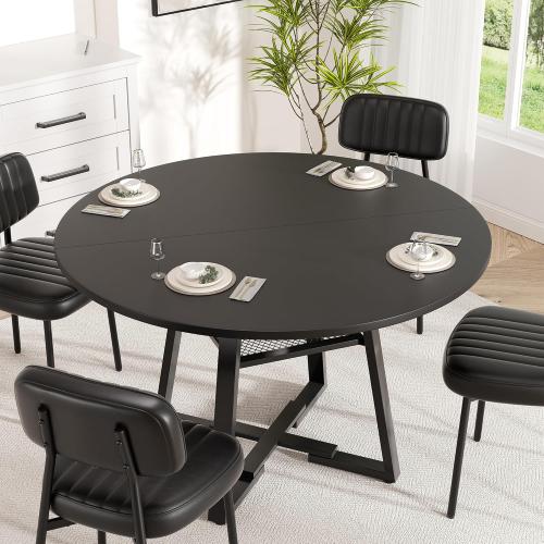 YUUIJOAA Round Dining Table for 2-4 People,42 Inch Dining Room Table,Modern Circle Kitchen Table with Storage Shelf and Metal Legs for Dining Room,Kitchen,Black (Table Only)