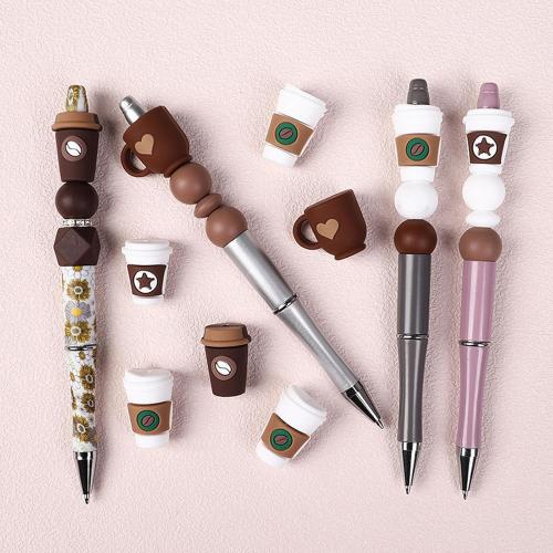Coffee Cup Silicone Beads for Pen Making 8pcs 3D Cartoon Coffee Cup Charms with Heart & Star Design, DIY Craft Supplies for Bullet Journal Pens, Teacher Gifts, Office Stationery Accessories