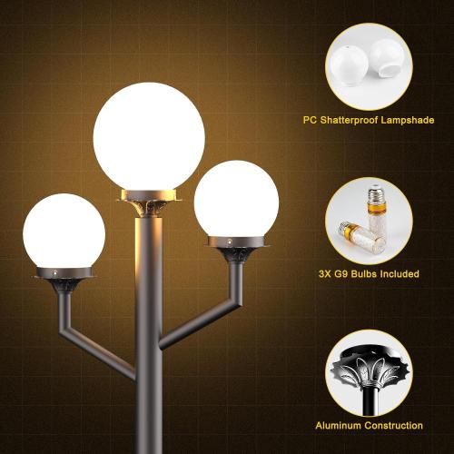 79'' Outdoor Lamp Post Light with Triple Globe Head Waterproof Street Light Pole Lamp for Outside with 3Pcs 10W Bulbs, Outdoor Post Light for Garden Yard Patio Driveway-Brown Pole
