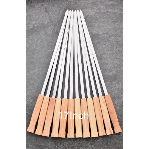 17-Inch 12 Pack Long Flat BBQ Skewers, Brazilian-style Stainless Steel 3/8 Inch Wide Blade with hardwood Handle barbecue skewers for Grilling Meat,Chicken,Shrimp,Vegetables-Set of 12