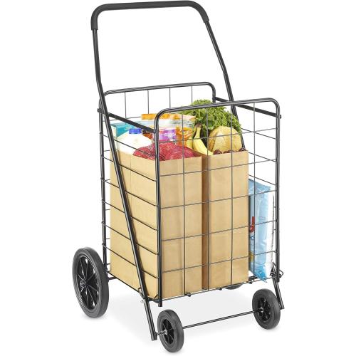BLACK Whitmor Extra Large Utility Foldable Shopping Cart with Wheels, 100 Lb Capacity, Heavy Duty Grocery Cart with Steel Frame, Foam Handle, Rolling Collapsible Utility Trolley for Grocery, Laundry, Black