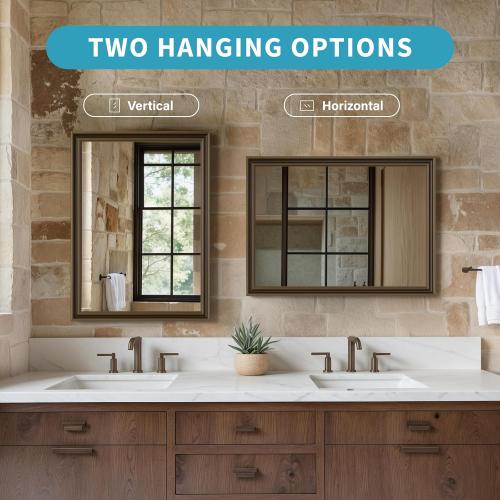 Retro Copper Effect Framed Wall Mirror, 24x36 Rectangle Mirror, Anti-desilvering Tempered Glass, Sustainable& Sturdy Frame, Farmhouse Mirror, Anti-Rust, 3min Fast Setup for Bathroom Living Room