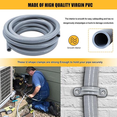 1-1/2 inch 50 Foot Liquid-Tight Conduit Kit, Flexible Non Metallic Electrical Conduit and Connector Kit, With 5 Straight and 4 Angle Fittings and Pipe Strap.