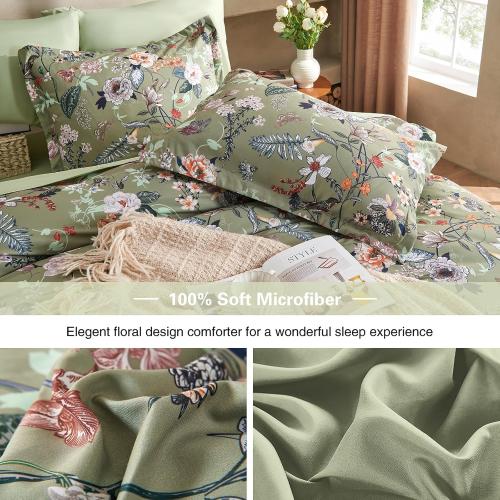 7 Piece Queen Comforter Set, Sage Green Butterfly Floral Comforter Set with Flowers Leaves Pattern, Soft Microfiber Complete Bedding Set for All Season(Sage Green, Queen)