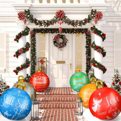 Jetec 32 Inch Giant PVC Inflatable Christmas Ball Ornaments Large Xmas Blow Ball Decorations Inflatables Outdoor Holiday Decorations Christmas Blow up Yard Decor(6 Pcs,Joy World)