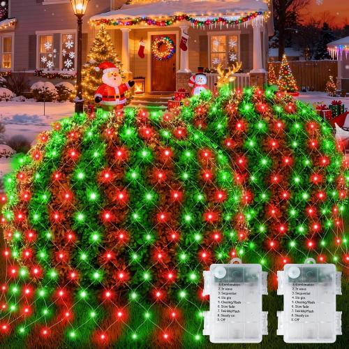 Hezbjiti Pack of 2 Battery Operated Christmas Net Lights Outdoor Total 200LED Waterproof Timed Memory Mesh Lights for Xmas Trees Bushes Garden Yard Lawn Patio Christmas Decor (Red and Green)