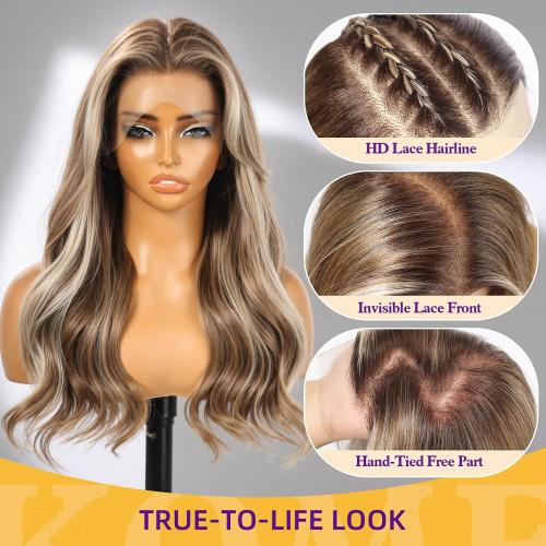 KOME Brown Highlight Wavy 13×6 Synthetic Lace Front Wig for Women 22IN