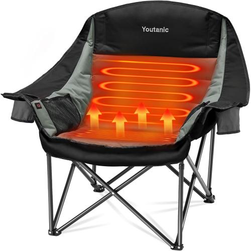 Youtanic Oversized Extra Large Heated Padded Camping Chair up to 500lbs, 3 Heat Levels Camp Chair with Carry Bag, Outdoor Heating Folding Chairs for Adults, Fishing, Sports, Picnic, Black-Gray