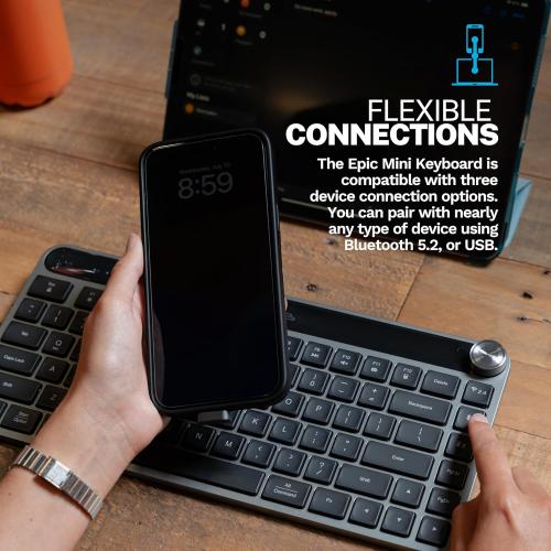 JLab Epic Mini Wireless Keyboard, Black, 108 Keys, Connect Via Bluetooth or USB Wireless Dongle, Multi-Device Toggle, Soft Touch Keys, Smart Media Knob, Custom User Profiles, Rechargeable (1 Pack)