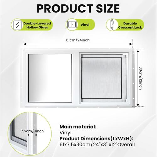 Vinyl Basement Window, 24 x 12 Slider Window with Double Pane Insulated Tempered Glass and Fiberglass Mesh Screen for Basement Bathroom Home Rv Garage (White)