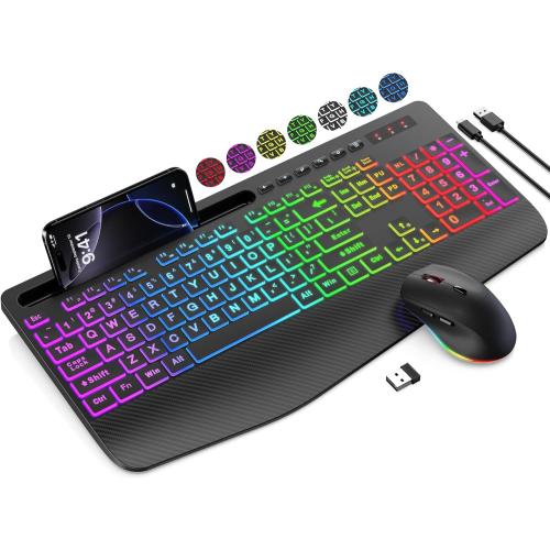 Color Black SABLUTE Wireless Keyboard and Mouse Combo, 9 Backlit Effects, Large Print, Wrist Rest, Phone Holder, 2.4G Lag-Free Ergonomic Keyboards, Rechargeable Easy to See Cordless Set for Computer, Laptop, PC