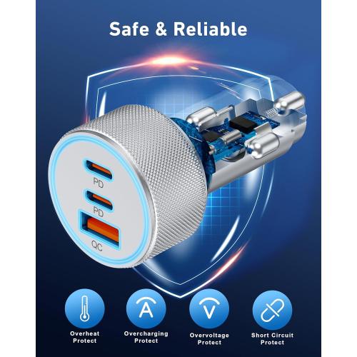 67W 3-Port Super Fast Type C Car Charger USB C for iPhone 17/Air/16/16e/15 Pro Max, Samsung Galaxy S25 S24 S23, Pixel, Android, Car Adapter Accessories for Men Women   3FT USB-C Cable Silver