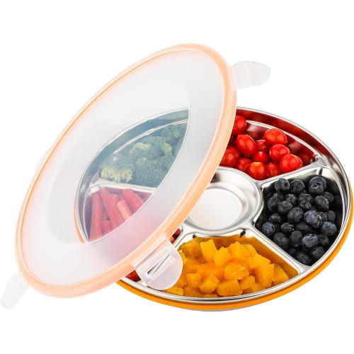Divided Serving Tray with Lid, Stainless Steel Veggie Tray with Plastic Lid, Reusable Vegetable Platter, Snack Tray, Snackle Box for Party, Easy to Clean (6 Compartments, 60oz)