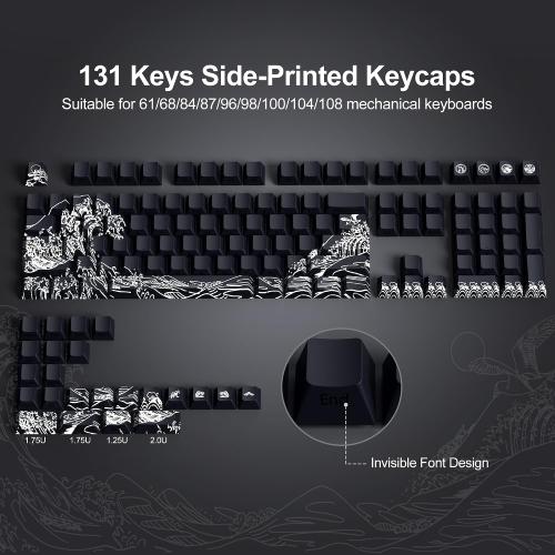 SDYZ XVX Shine Through Keycaps - Double Shot PBT Keycaps 60 65 75 100 Percent, Side Print Key caps Custom 131 Keys Set, Dye Sub Wave of Kanagawa Key caps for Mechanical Keyboards