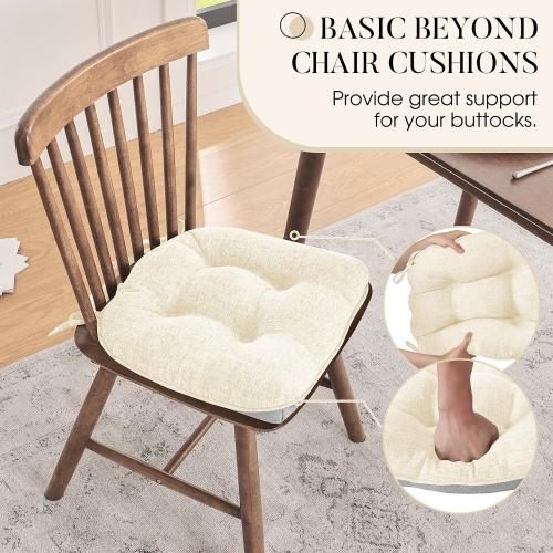Basic Beyond Chair Cushions for Dining Chairs 4 Pack, Chair Cushion with Ties and Non Slip Backing, 15.5 x 15.5 inches Tufted Chair Pads for Dining Chairs(Beige)