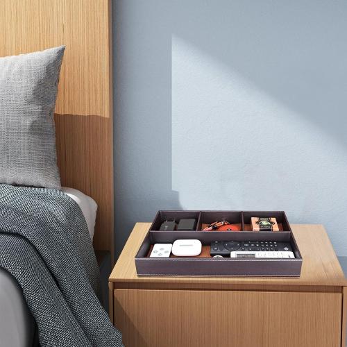 Size 11.85×7.91×1.61 Color Brown Faux Leather Valet Tray for Men, Stackable Jewelry Organizer for Drawers Inserts, Nightstand Caddy Tray for Key, Wallet, Sunglass, Watch, Coin, Phone, Bedside Desktop Storage Brown