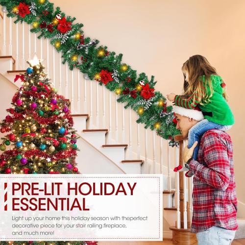 Christmas Garland with Lights, Pre-lit 9ft Christmas Decorations with 50 Warm White LED Lights, Berries, Balls, and Red Flower for Door, Stairs, Railing, Indoor, Outdoor, Battery Operated