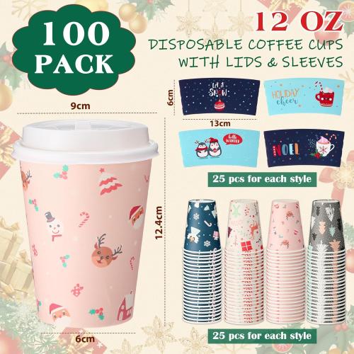 Yungyan  12 oz Christmas Disposable Coffee Cups with Lids and Sleeves Insulated Paper Coffee Cups with Dome Lids and Sleeves for Christmas Hot Chocolate Party Supplies(Lovely)