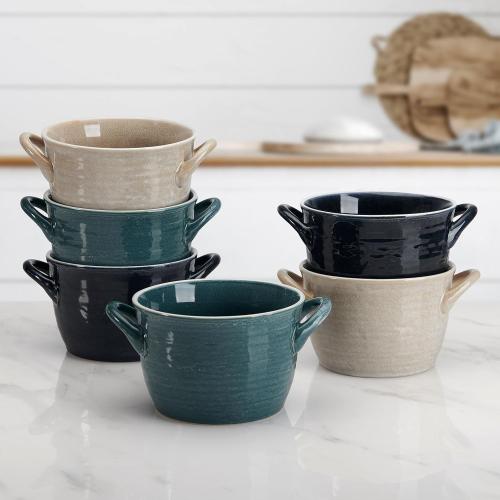 Pfaltzgraff Cauldron All-Purpose Soup Cereal Bowls, 6-Piece Set of 6-inch Stoneware Bowls in Teal, Blue, and Taupe - 30 oz Snack, and Serving Bowls