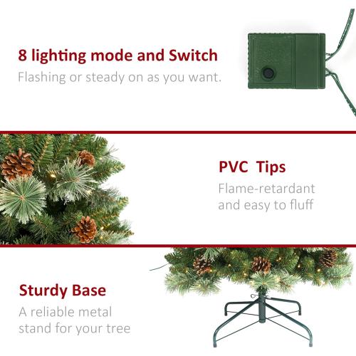 Size 6.5 Ft Prelit Christmas Tree, Artificial Pencil Christmas Tree with 250 LED Lights, Pine Needles and Pine Cones Xmas Decoration for Home