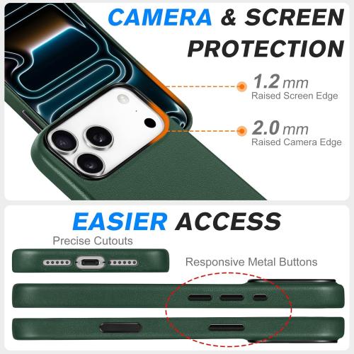 SHIELDON Genuine Leather Case for iPhone 17 Pro Max 6.9 2025 | [Camera Button Updated], Compatible with Magsafe, Magnetic Wireless Charging, Slim Fit, Shockproof, Protective Phone Cover - Evergreen
