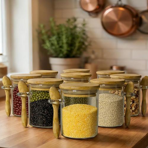 7.6 oz Airtight Mini Glass Jars with Bamboo Lids and Bamboo Spoons, Spice Jars Small Food Storage Containers for Kitchen, Bathroom, Home Decor Set of 8