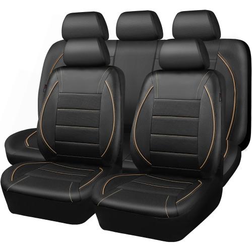 CAR PASS Universal FIT Piping Leather Car Seat Cover, for suvs,Van,Trucks,Airbag Compatible,Inside Zipper Design and Reserved Opening Holes (Full Set, Black and Beige)