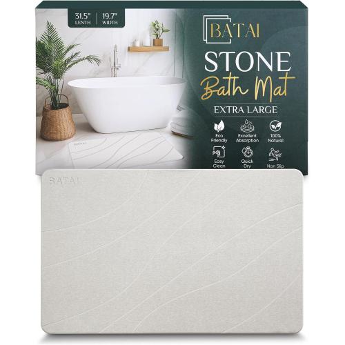 Extra Large Stone Bath Mat - (31.5” x 19.7”) - Absorbent Diatomaceous Earth Stone Bath Mat Large - Non-Slip Diatomite Bathmat - Easy Clean and Quick Drying - Long Instant Dry Bathmat - Beige XL