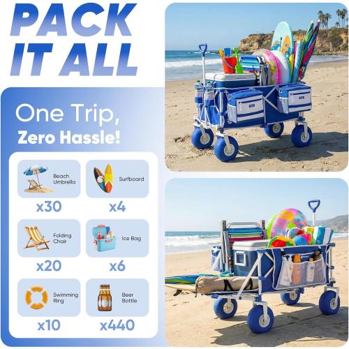 Sekey Heavy Duty Beach Wagon with 9 Big Sand-Proof Wheels, 300L Oversized Foldable Beach Cart with Cooler| Adjustable Handle & Balloon Tires for Sand, Camping,Vacation