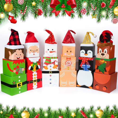 Cholemy 24 Pcs Christmas Stackable Box Decoration Set Nesting Gift Boxes with Lids and Christmas Hat Large Three Dimensional for Party Decoration, 6 Styles