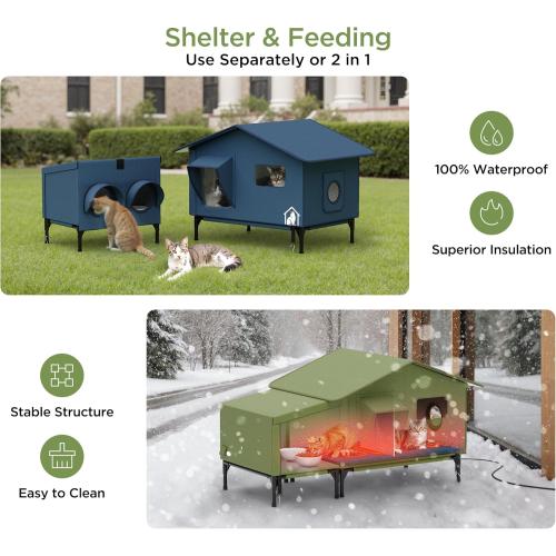 Outdoor Cat Feeding Shelter for Feral & Stray Cats, Insulated Dining Room with Slanted Roof & Double Feed Hole, Connects to PELUOMOZ Cat Houses, Windproof & Weatherproof – Navy Blue, 16×12×15.5