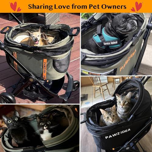 PAWZIDEA Pet Stroller 4-in-1, Foldable Dog Stroller with Detachable Carrier | Escape-Proof No-Zip Canopy, Portable Travel Crate & Car Seat Combo, for Small to Medium Dogs & Cats up 33 lbs, Storage Basket