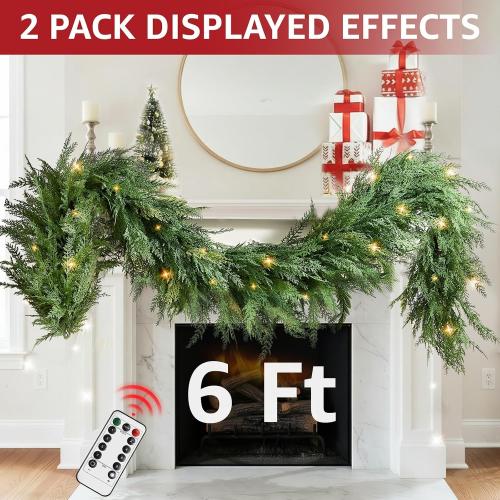 Christmas Cedar Garland Realistic - Cypress Decorations with Lights 6ft for Mantle Lighted Faux Pine Garlands for Xmas Home Decoration Indoor Stairs Railing 6 ft Fireplace Outdoor Prelit Door Decor