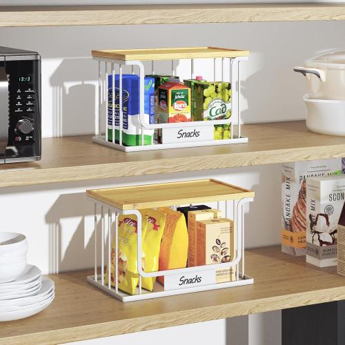 1 Pack Trash Bag Holder, Stackable Garbage Bag Dispenser Under Sink with Bamboo Top & Metal Base for Kitchen Countertop Organization and Storage, Laundry, Pantry Organizer (White, 9.7 × 5.5 × 6.3)