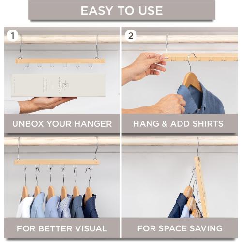 MORALVE Space Saving Hangers for Closet – 4 Pack European Beechwood 6-Tier Shirt Organizer with 360° Swivel Hook – Collapsible Clothes Hanger for Closet Organization (Hangers Not Included)