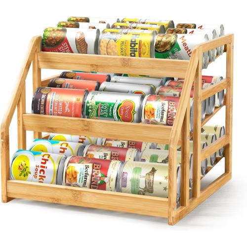 HOMESTEAD 3-Tier Bamboo Pantry Can Organizers - 36 Cans Dispenser Rack, Flexible Dividers, Canned Goods Organizer For Pantry Shelves & Kitchen Storage Organization
