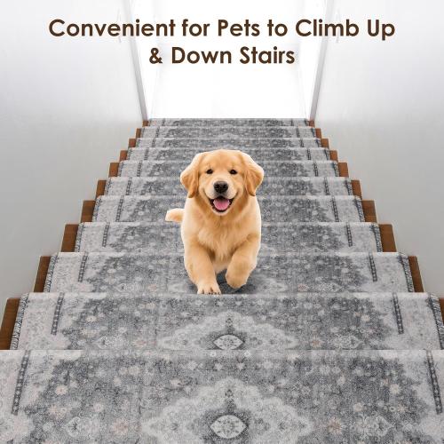 Bullnose Stair Treads for Wooden Steps, Non Slip Stair Carpet for Indoor Runner and Pets, Soft Edging Staircase Protectors Reusable, Washable, 29.5x9.5x1.5 14pcs, Grey