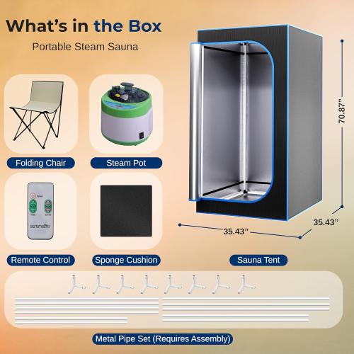 SereneLife Portable Sauna Box for Home, Steam Sauna Tent with Extra Large 4L Steamer - Includes Folding Sauna Chair, Remote Control w/ 9 Heat Levels for in-Home Spa - 2.9' x 2.9' x 5.9'