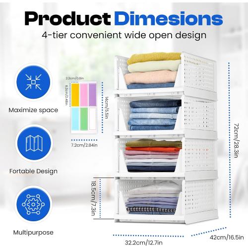 Stackable Plastic Storage Baskets–Set of of 4, Wardrobe & Closet Organizer – Durable Stacking Bins for Clothes, Pantry, or Shelf – Foldable & Space-Saving with 2 Label Sheets-White