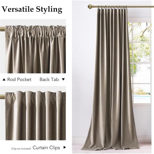 NICETOWN Taupe Velvet Curtains 8 ft, Room Darkening Thermal Insulated Drapes for High Living Room and Bedroom Back Tab Rod Pocket with Pleat Tape, W52 X L96, 2 Panels