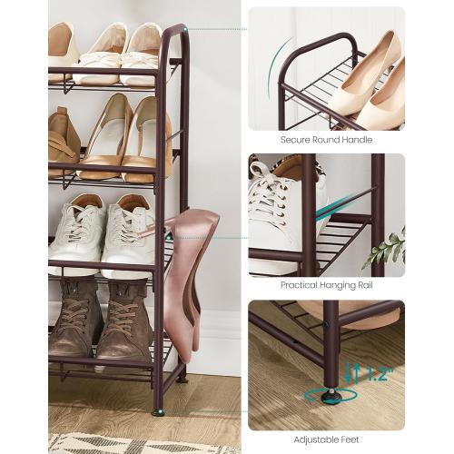 SONGMICS Stackable Shoe Rack, 4 Tier Metal Shoes Rack Storage Shelf, Holds up to 20 Pairs Shoes, Adjustable Slanted Shelves Tower Organizer for Closet Entryway Small Spaces, Bronze