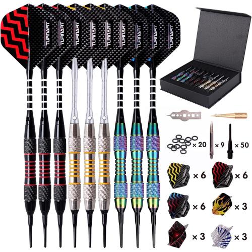 Multicolor 9pc Turnart Darts Plastic Tip - Professional Soft Tip Darts Set for Electronic Dartboard 9 Pcs 18 Grams with 50 Extra Tips 9 Shafts 27 Flights Tool Kit Flight Protectors and Gift Darts Case