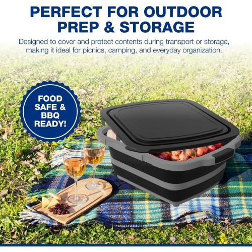 2-Pack XL Collapsible BBQ Prep Tub with Built-In Cutting Board, Lid & Strainer – Marinate, Drain & Prep – Large Food-Safe Container – Perfect for Grilling, Smoking & Outdoor Cooking (Black)