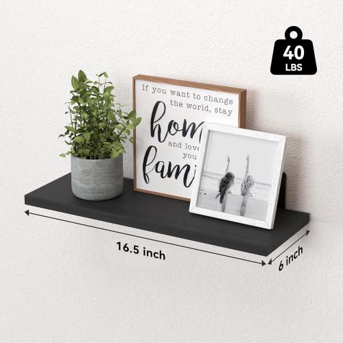 WOPITUES Wood Floating Shelves Set of 6, Shelves for Wall Decor, Farmhouse Shelf for Bedroom, Bathroom Storage Shelves, Book Shelves for Living Room-Black***