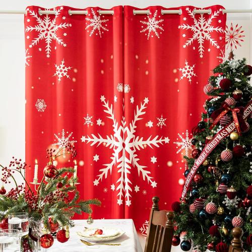 Snowflake Christmas Curtains Living Room 52 x 84 inch, 2 Panels, Grommet Printed Fabric Decorations Blackout Curtains, Thermal Insulated Holiday Red Window Drapes Panel for Kid Room, and Indoor