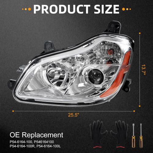 Pair Headlights Assembly for Kenworth T680 2013-2021 | Halogen Headlamp Chrome IP68 Waterproof Anti-Fog Left Driver & Right Passenger Head lights DOT Approved