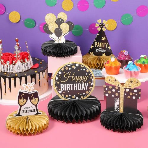 8 Pieces Happy Birthday Party Decorations Supplies Birthday Honeycomb Centerpieces Table Toppers for Party Favor Photo Booth Props, Black and Gold