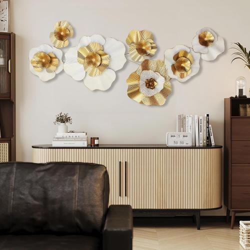 White Gold Abstract Wall Decor - Modern Metal Wall Sculptures, Large 3D Vertical 49*25 Flower Wall Decor for Living Room, Dining Room, Bedroom